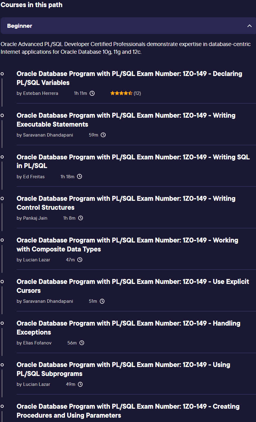 Course topics · Pluralsight — Oracle Database Program with PL/SQL Exam Number: 1Z0-149 2024-5