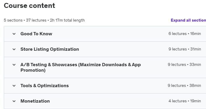 Course topics · Udemy — ASO 2023: 20 Million App Downloads App Store Optimization 2021-12