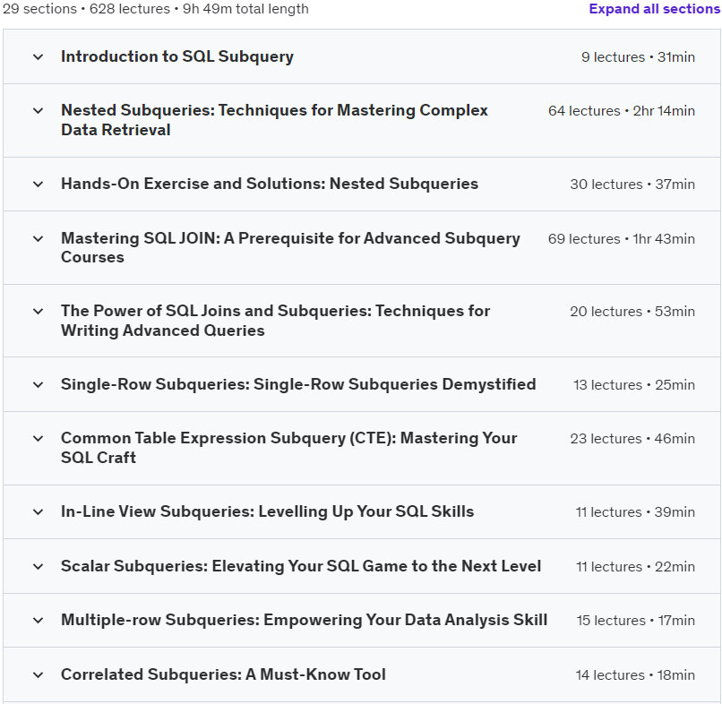 Course topics · Udemy — SQL & MySQL Subqueries: Understanding the weird parts – 2023 2023-3
