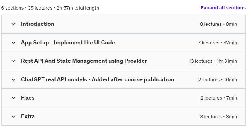 Course topics · Build ChatGPT App in Flutter using OpenAI API 2023-3