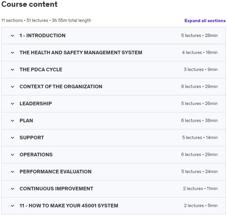 Course topics · Udemy — ISO 45001 – Occupational Health & Safety management system 2022-9