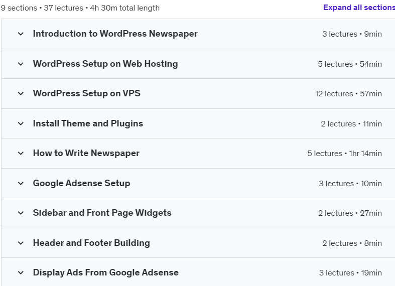 Course topics · Udemy — Build Free Newspaper & Magazine Blogging WordPress Website 2024-8