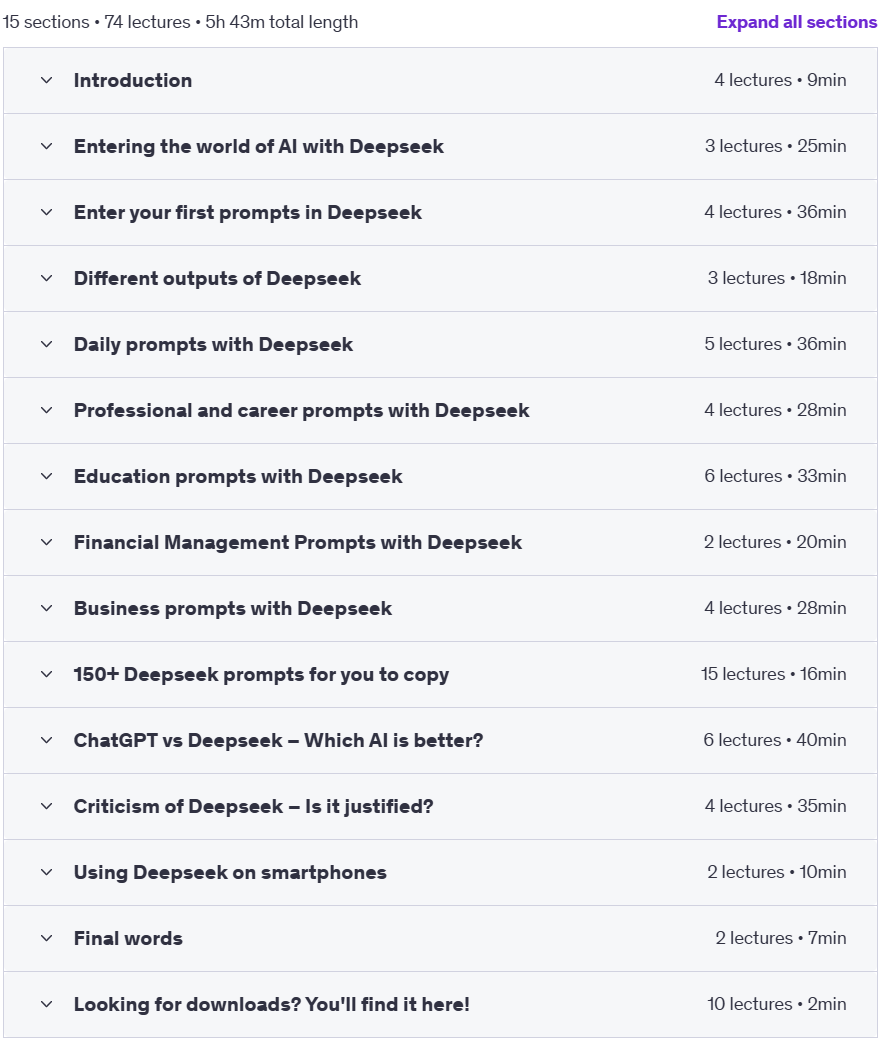 Course topics · Udemy — Mastering Deepseek: Prompt Engineering with AI (150 Prompts) 2025-3