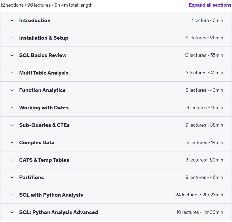 Course topics · Data Analysis: Advanced SQL, 1000x Faster Python & Visualize 2025-4