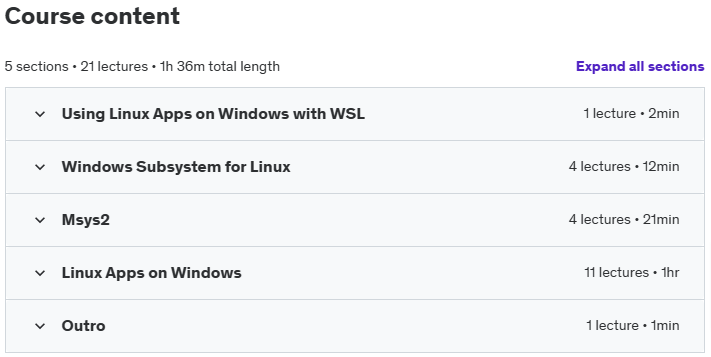 Course topics · Udemy — Linux on Windows (WSL and msys2) 2025-1