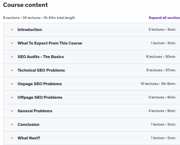 Course topics · Udemy — SEO Audit – Find & Fix The Most Common SEO Issues On A Site 2025-6
