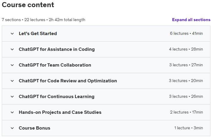 Course topics · Udemy — Supercharge Your Development with ChatGPT: A Practical Guide 2023-5