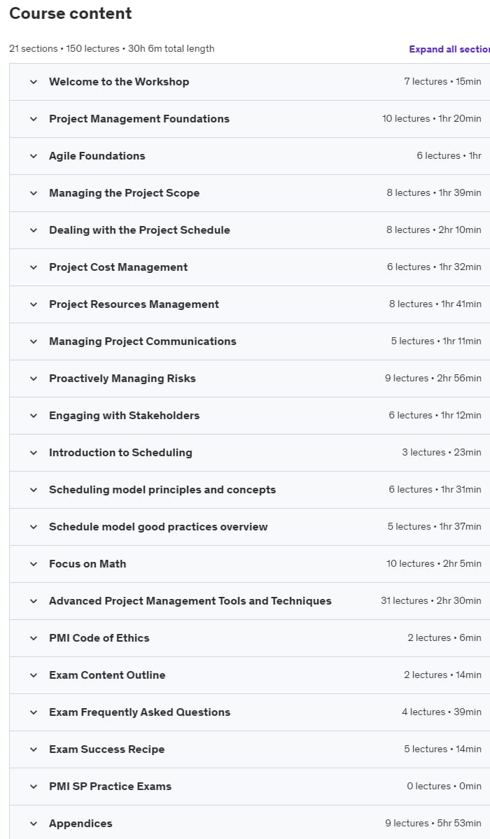 Course topics · Udemy — PMI SP Exam Preparation Workshop: 30 Contact Hours, 2023 2023-03