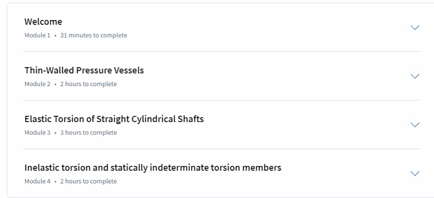Course topics · Coursera — Mechanics of Materials II: Thin-Walled Pressure Vessels and Torsion 2024-10