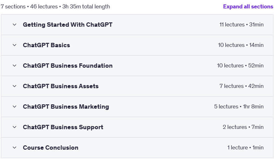 Course topics · Udemy — ChatGPT Business Mastery: The Only ChatGPT Course You Need 2023-11