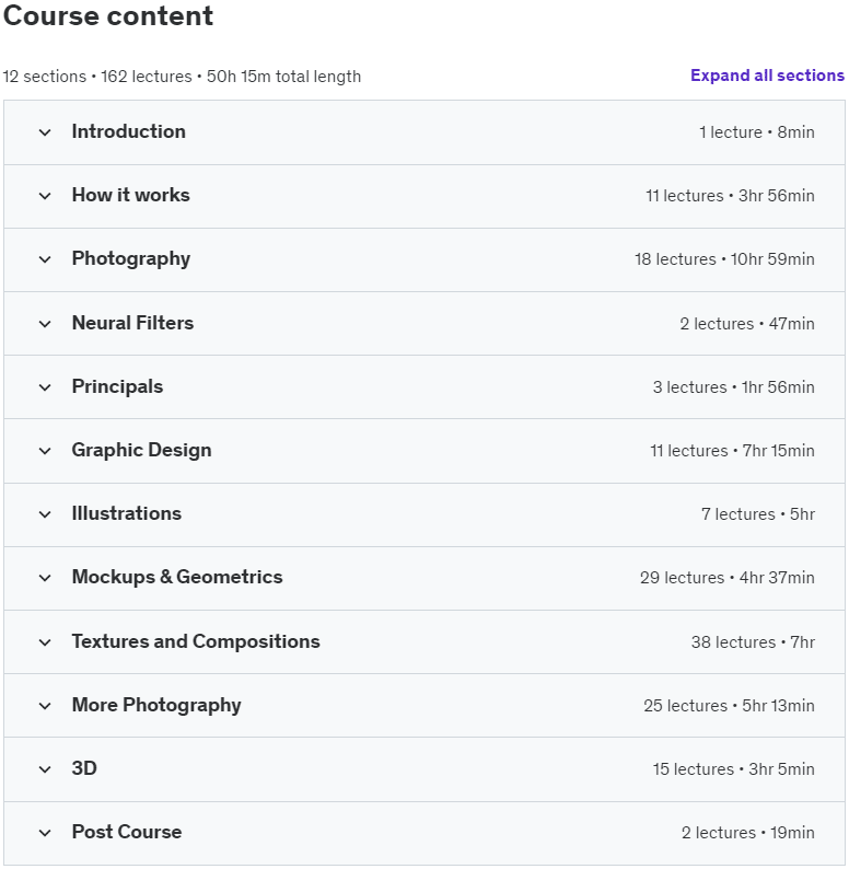Course topics · Udemy — Complete Adobe Photoshop Megacourse: Beginner to Expert 2023-3