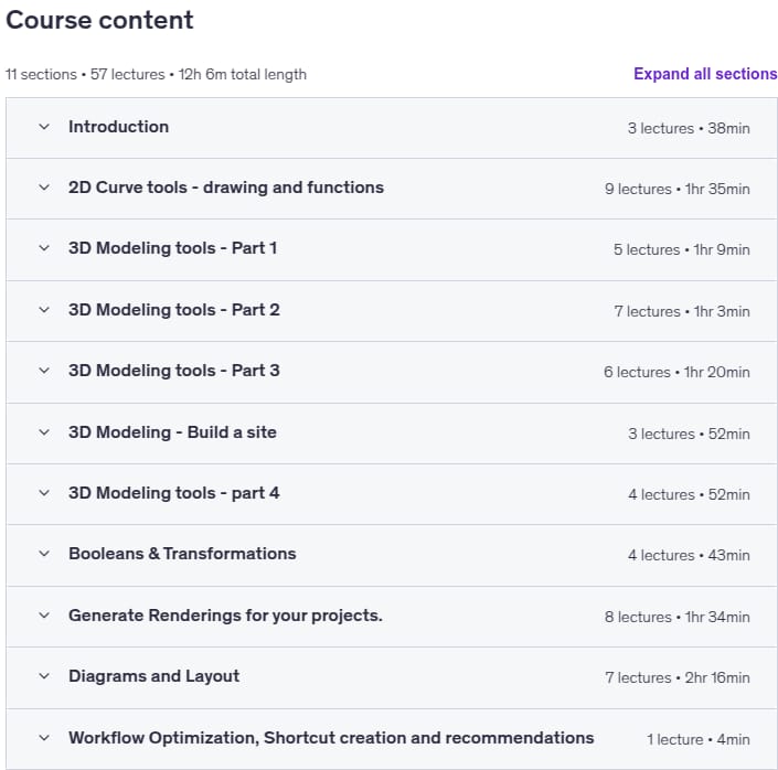 Course topics · Udemy — COMPLETE RHINO 3D (v8) + D5 base for Architects & Designers 2025-9