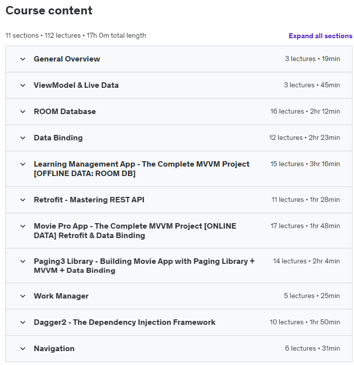 Course topics · Udemy — The Complete Android JetPack Course – Mastering Jetpack 2022-3
