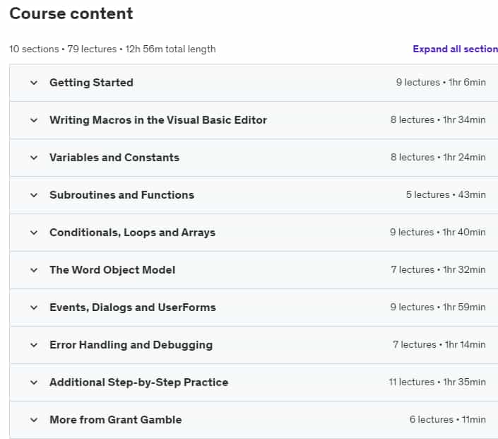 Course topics · Udemy — Microsoft Word VBA Macro Programming – Introduction 2016-3