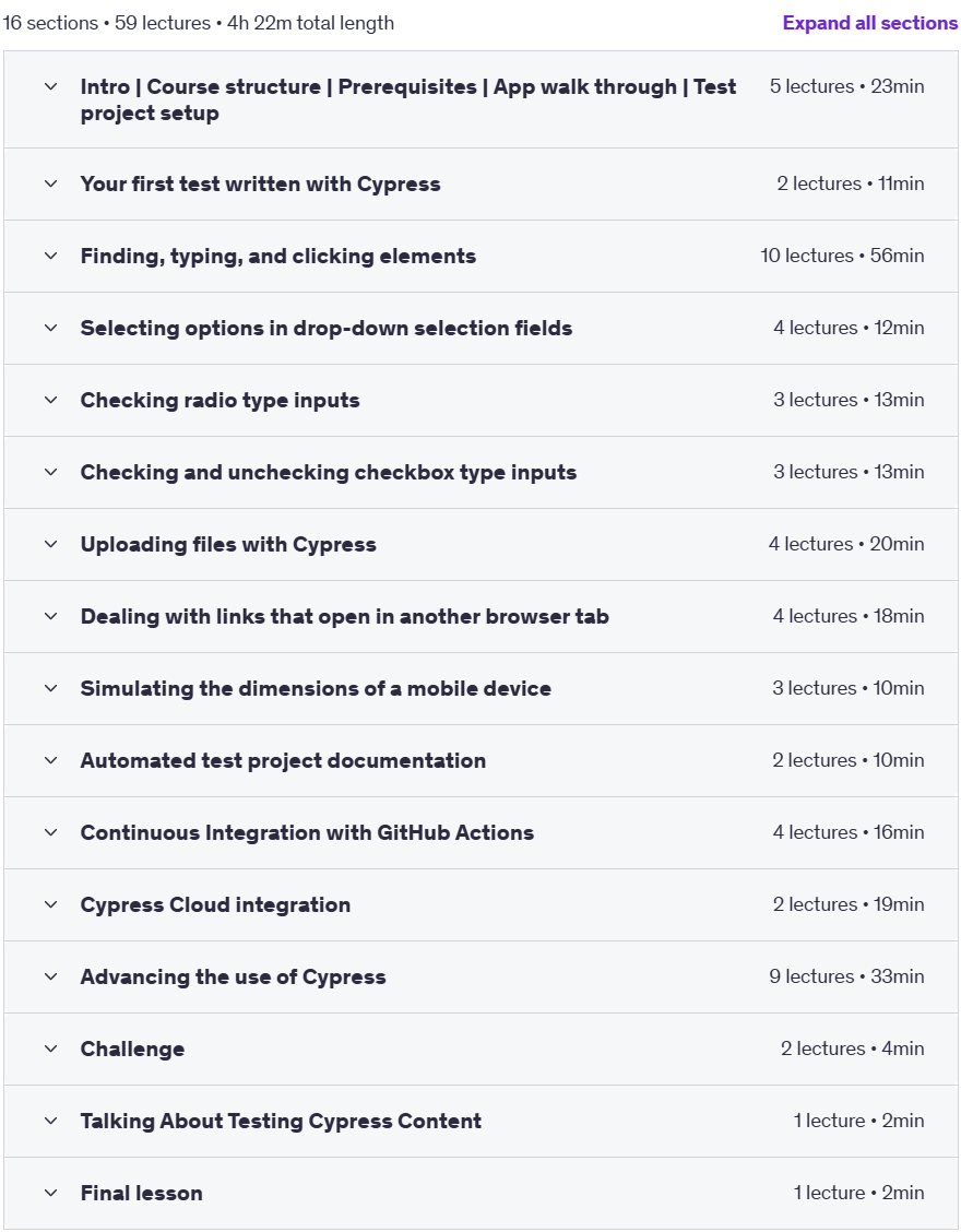 Course topics · Udemy — Cypress, from Zero to the Cloud 2023-9