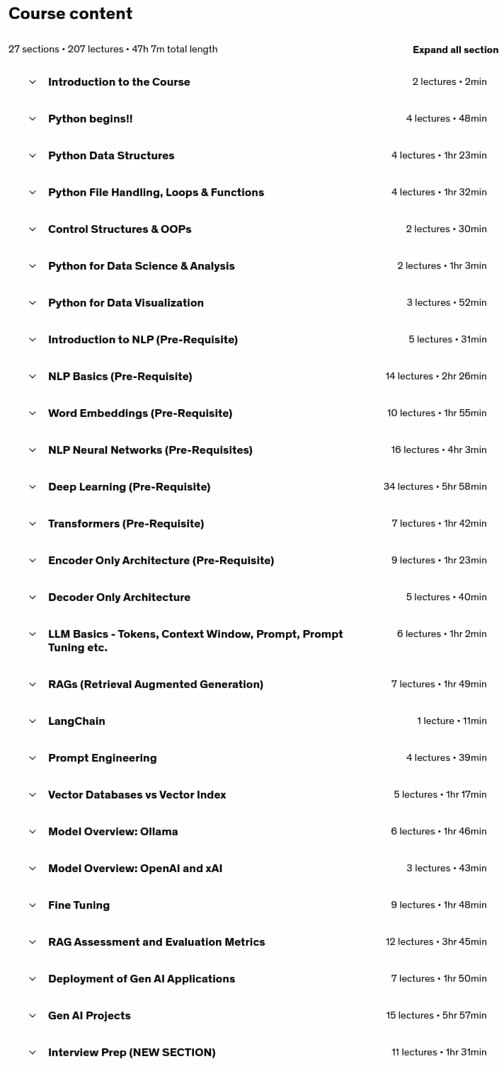Course topics · Mastering Generative AI: LLM Apps, LangChain, RAG & Chatbots 2025-7