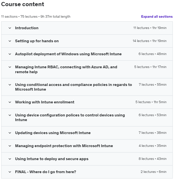 Course topics · Udemy — Intune (MDM / MAM) Microsoft training course with HANDS ON 2023-10