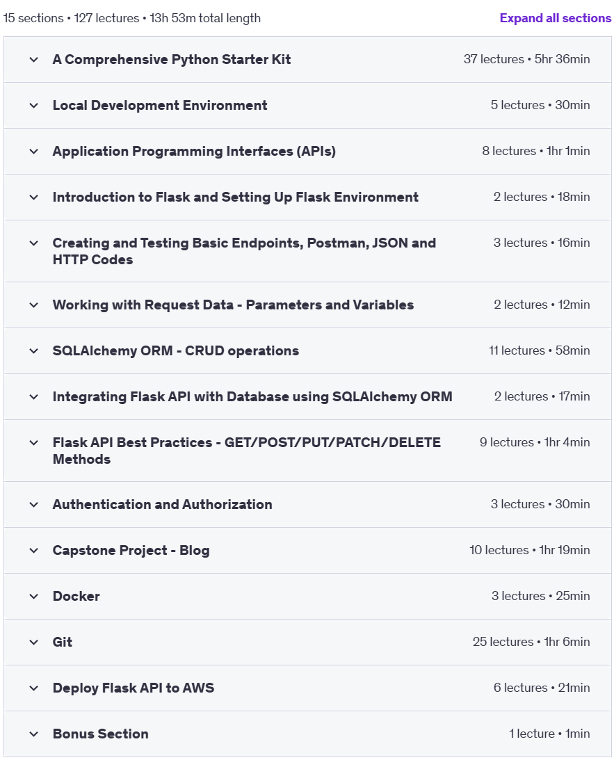 Course topics · REST APIs Python Flask: Docker, AWS, Git and SQLAlchemy 2024-12