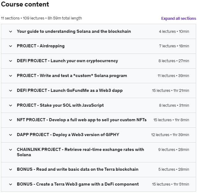 Course topics · Udemy — Solana Blockchain Developer Bootcamp with Rust + JavaScript 2022-7