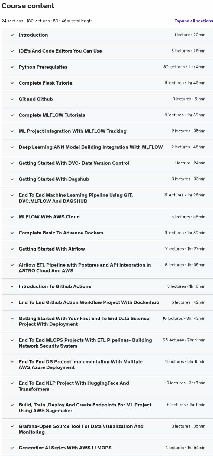 Course topics · Udemy — Complete MLOps Bootcamp With 10+ End To End ML Projects 2024-10