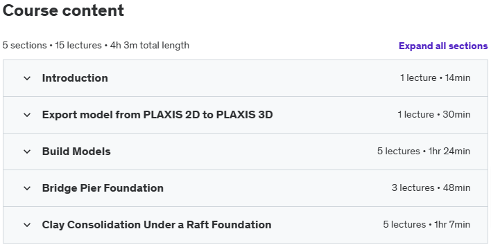 Course topics · Udemy — PLAXIS 3D: 3D Geotechnical Numerical Modelling 2023-10
