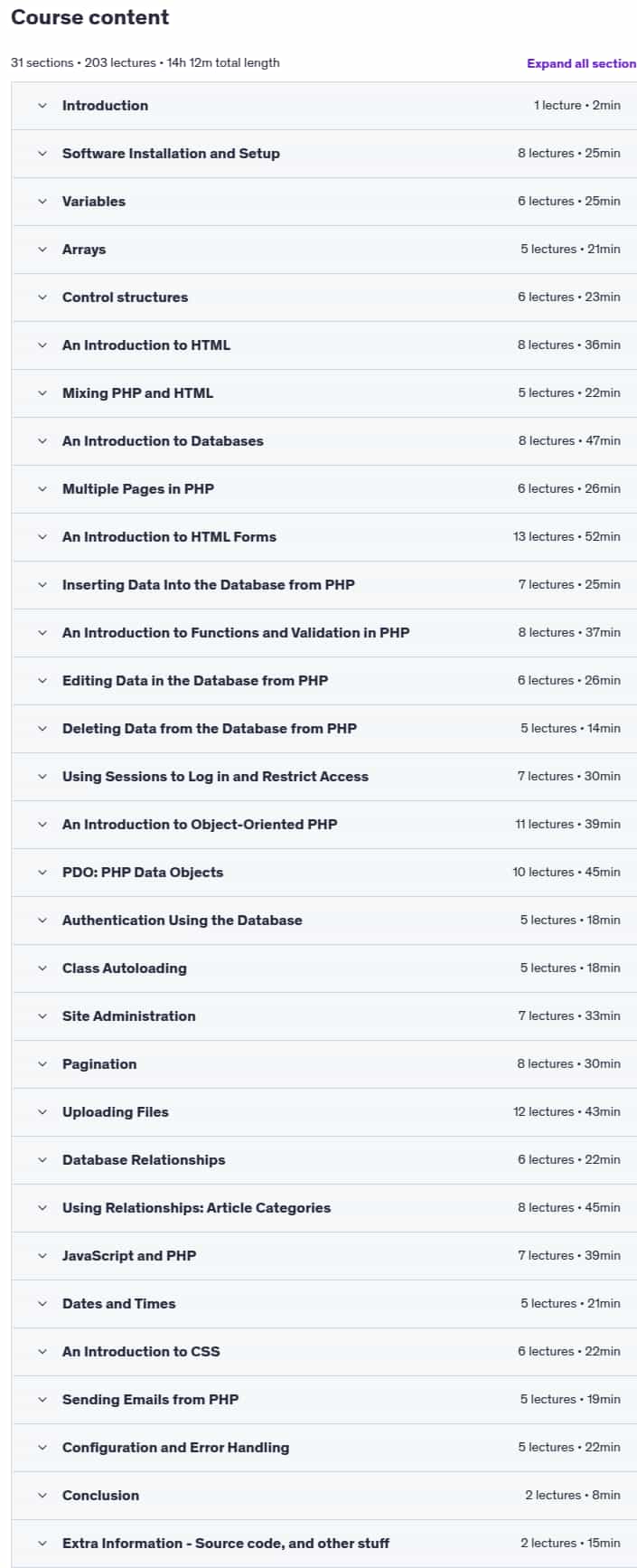 Course topics · Udemy — PHP for Beginners 2025-3