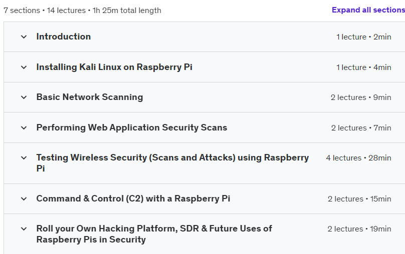 Course topics · Udemy — Ethical Hacking: Security Testing with Raspberry Pi 2024-1