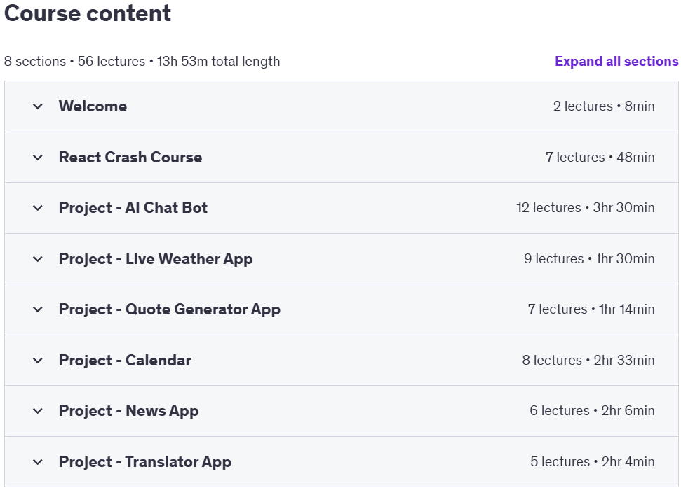 Course topics · React JS: Build 6 Real-World React Apps with AI Integration 2025-1