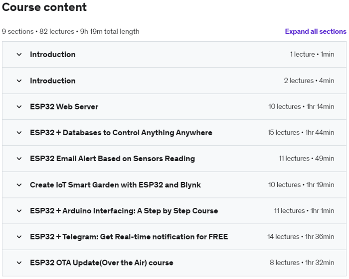 Course topics · Udemy — ESP32 Learn By Building Practical Projects 2022-2