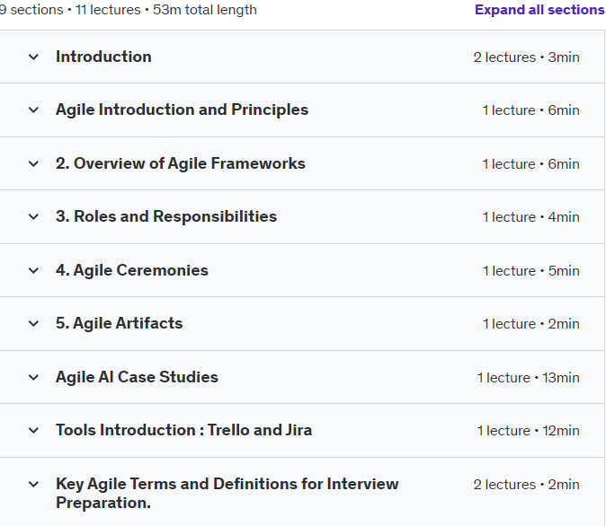 Course topics · Udemy — Agile Crash Course : Comprehensive Guide to Concepts, Tools 2024-7