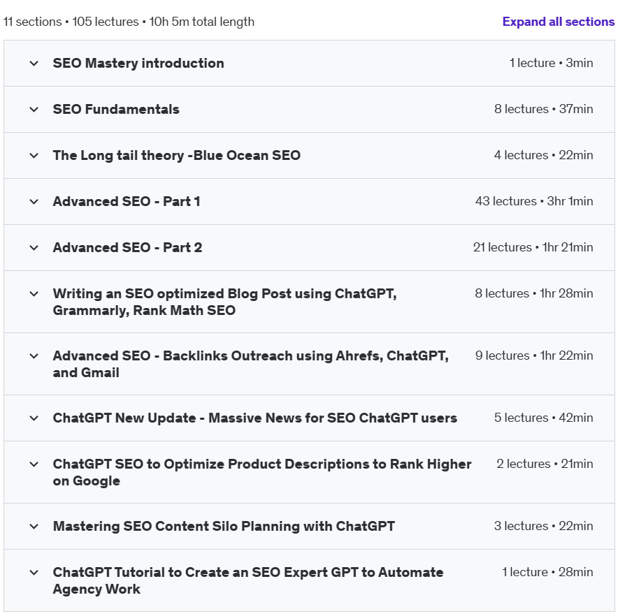 Course topics · Udemy — ChatGPT SEO: Skyrocket Rankings, Traffic & Online Success 2023-3