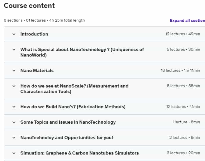 Course topics · Udemy — Nanotechnology : Introduction, Essentials, and Opportunities 2020-1