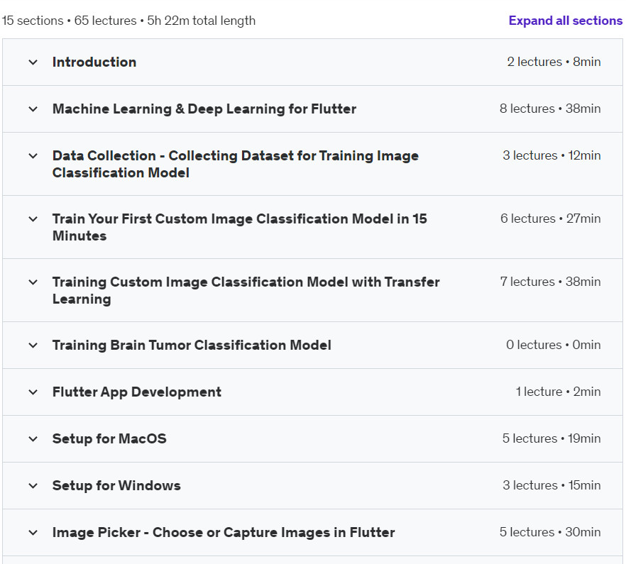 Course topics · Udemy — Train Image Classification Models & Build Smart Flutter Apps 2024-7