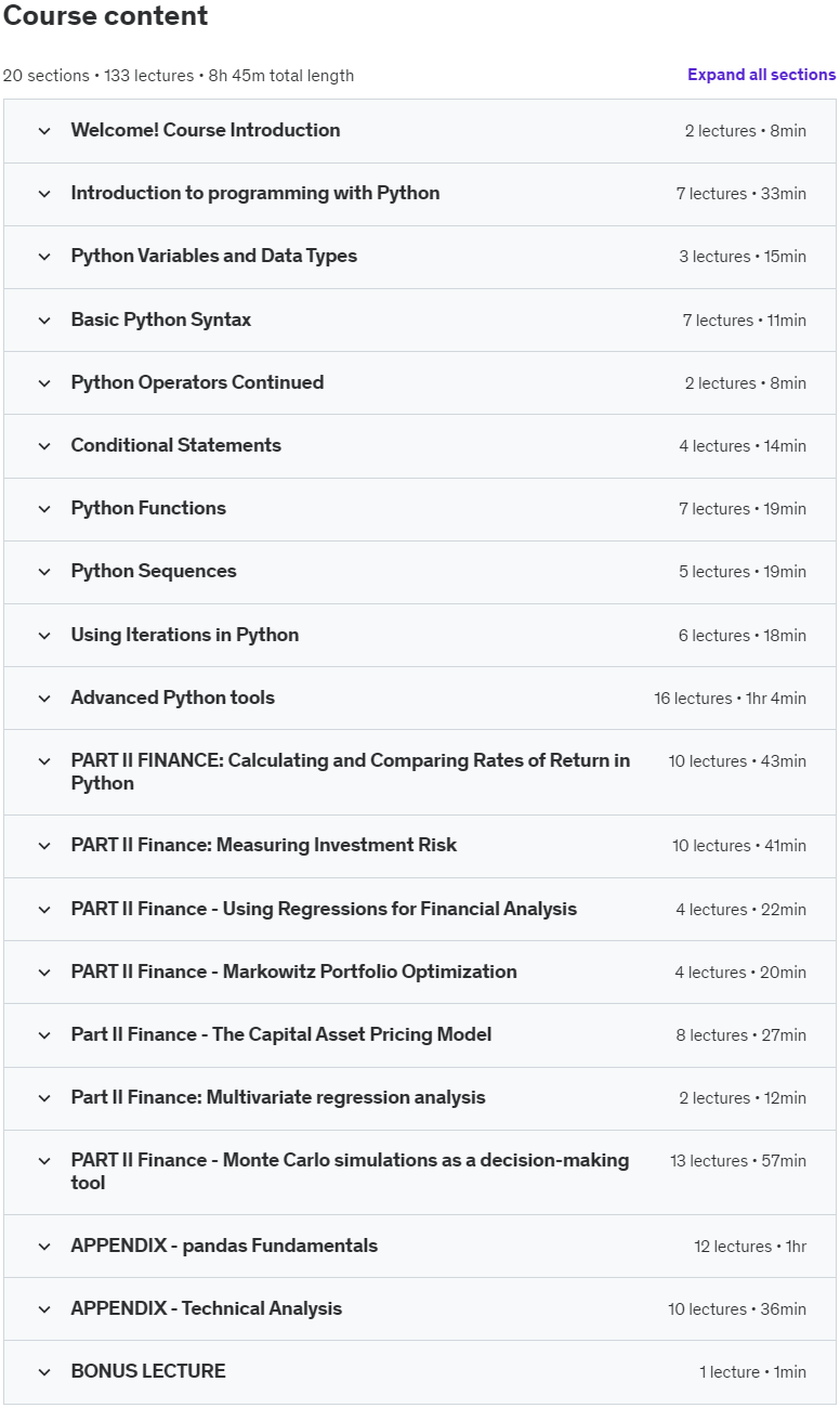 Course topics · Udemy — Python for Finance: Investment Fundamentals & Data Analytics 2023-7