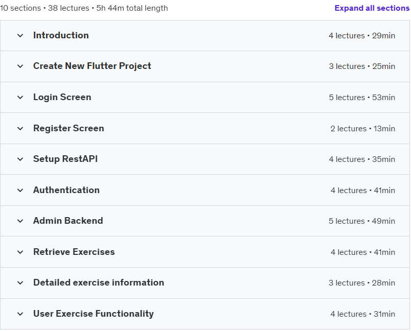 Course topics · Udemy — Build Flutter FullStack Fitness App with Web Admin Dashboard 2024-6