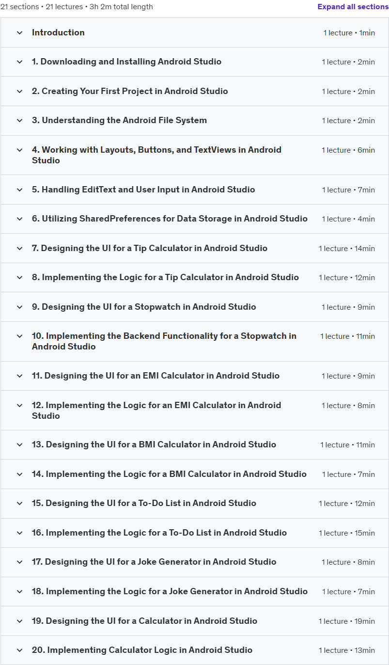 Course topics · The Complete Android 14 & Kotlin Development- Build 7 Apps 2024-6