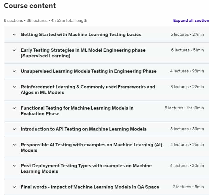 Course topics · Udemy — Introduction to Machine Learning Models (AI) Testing 2024-10