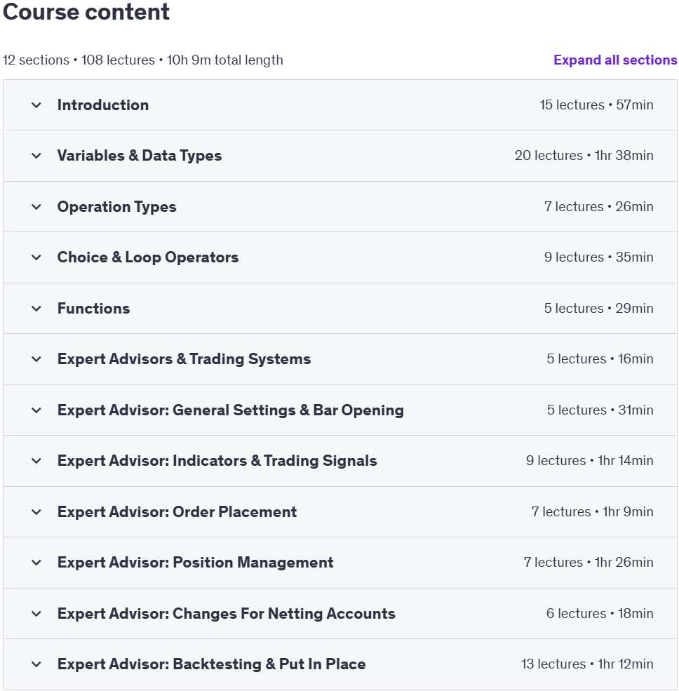 Course topics · Udemy — Algorithmic Trading In MQL5: Code Robots & Free Up Your Time 2024-9