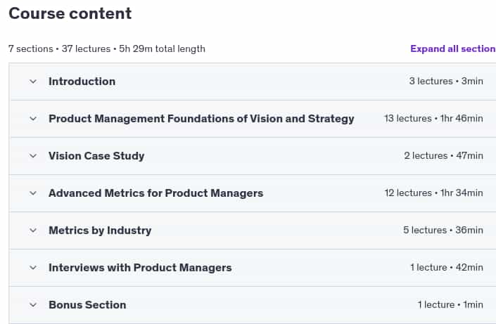 Course topics · Udemy — Advanced Product Management: Vision, Strategy & Metrics 2025-2