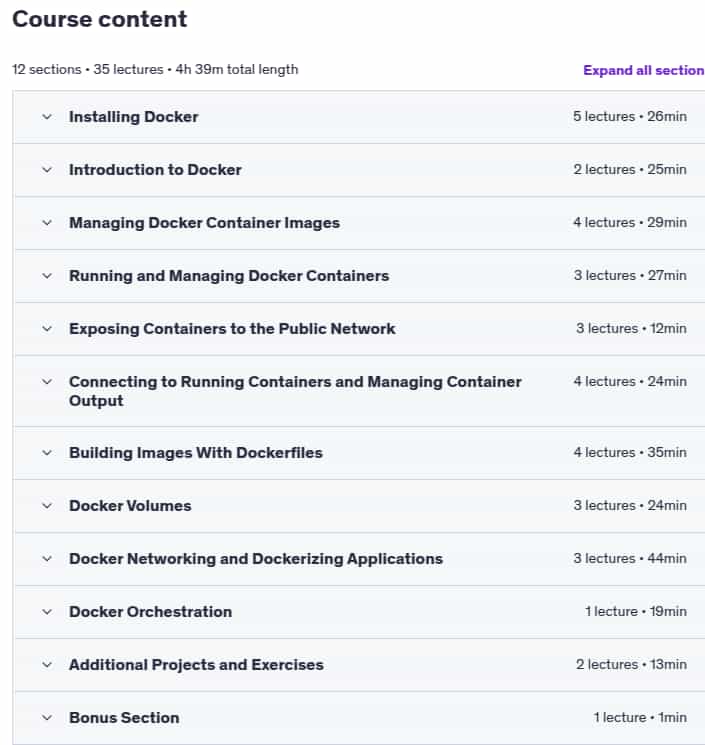 Course topics · Udemy — Docker: A Project-Based Approach to Learning 2025-6