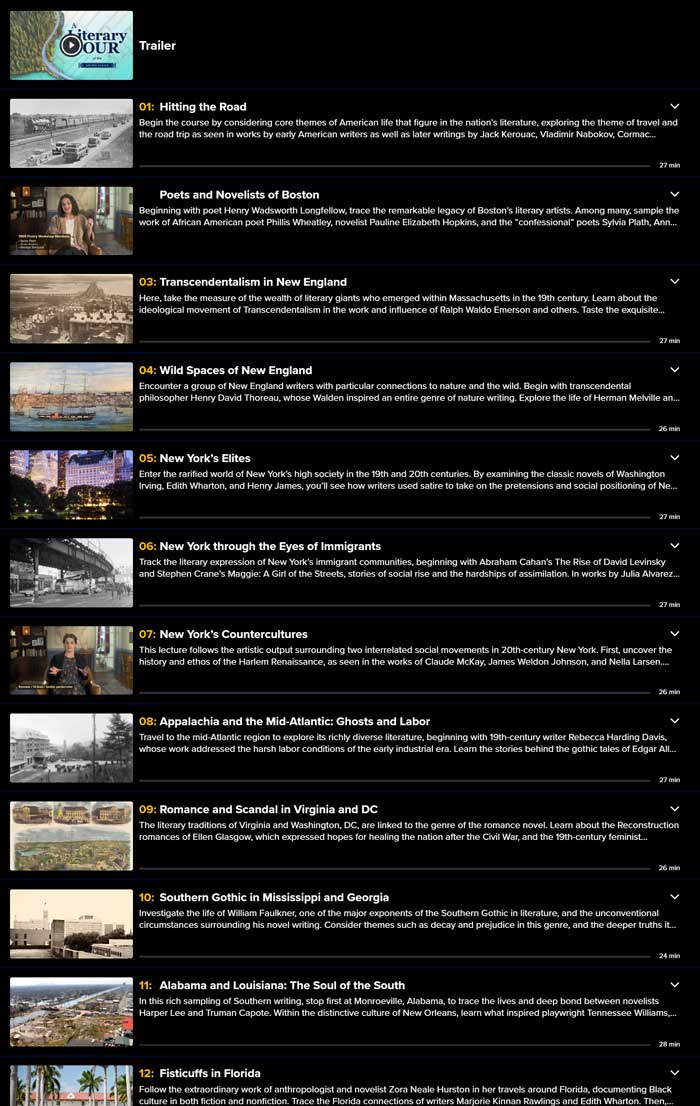 Course topics · The Great Courses Plus – A Literary Tour of the United States 2025-7