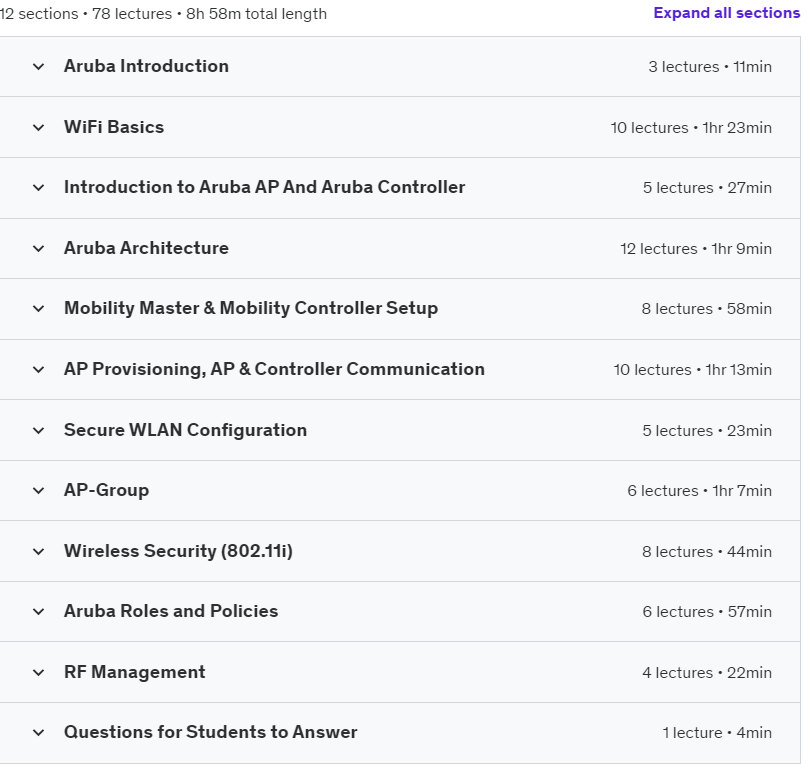 Course topics · Udemy — Aruba (ACMA and ACMP) wireless networking course 2021-8