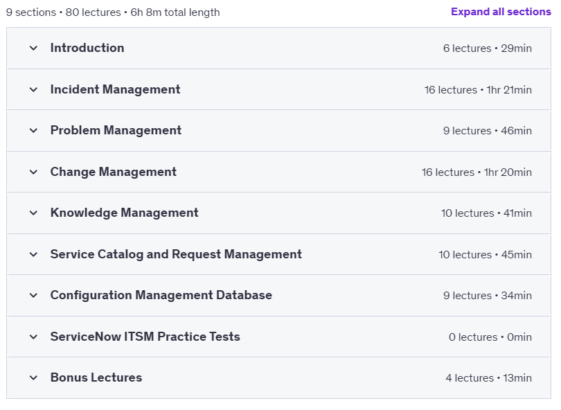 Course topics · Udemy — Become a Master at ServiceNow ITSM 2023-6