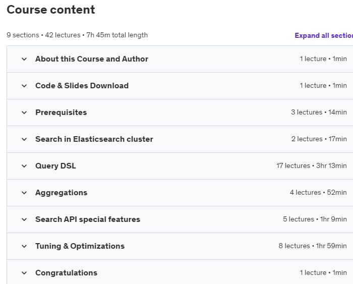 Course topics · Udemy — Elasticsearch Queries In Practice 2024-1