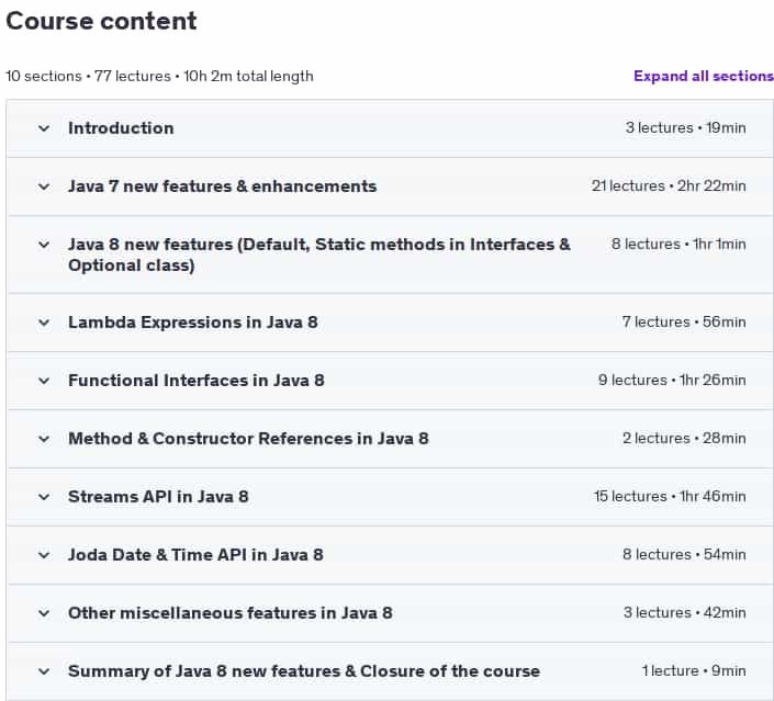 Course topics · Udemy — Java 7 & Java 8 new features with Lambdas & Streams 2025-1