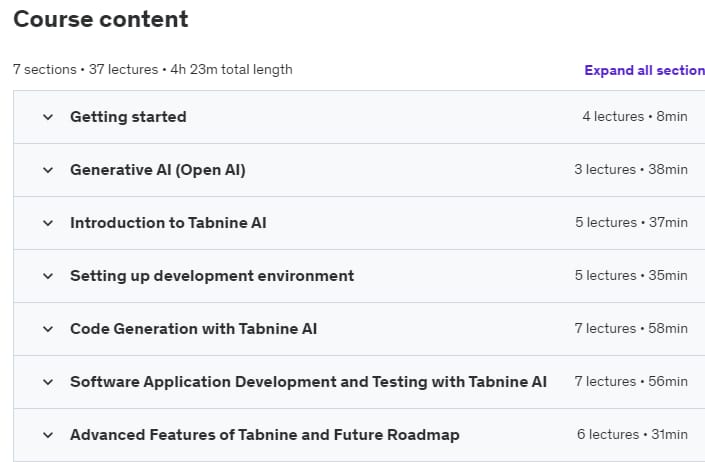 Course topics · Mastering Tabnine AI for Efficient Code Development 2024-1