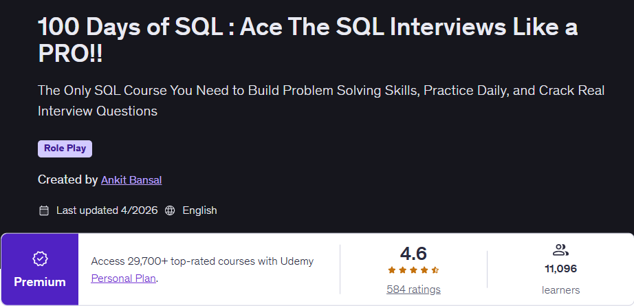 이미지 · 100 며칠의 SQL 원제 : Ace The SQL 인터뷰는 마치 프로처럼!! 2026-4