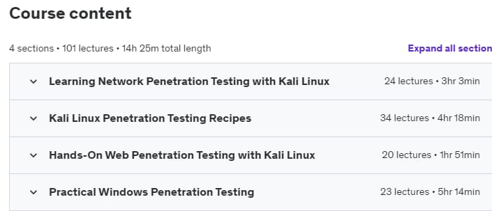 Course topics · Udemy — Penetration Testing with Kali Linux – A Complete Guide! 2018-10