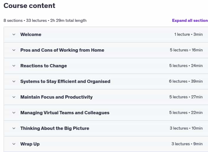 Course topics · Udemy — Working from Home Effectively 2025-5