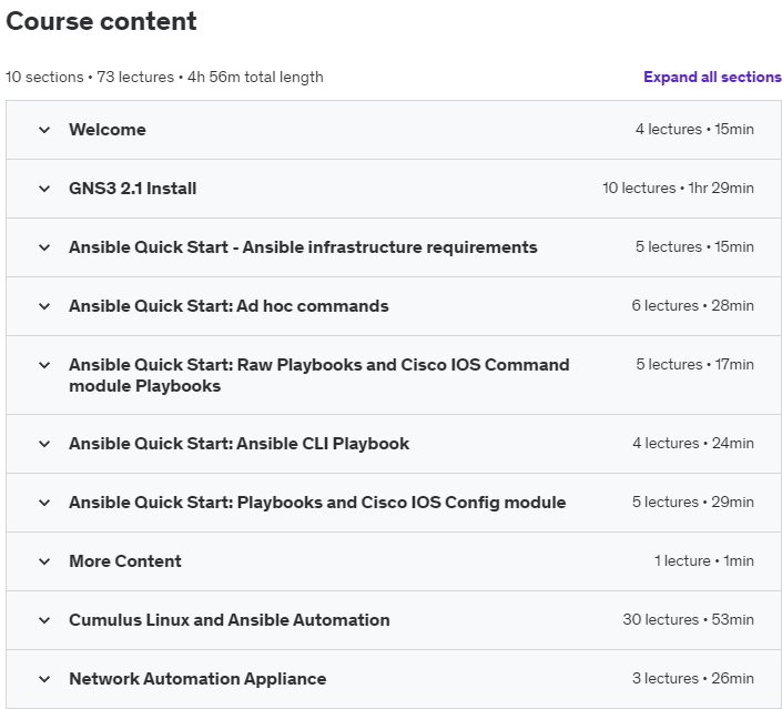 Course topics · Udemy — Ansible for Network Engineers: Quick Start GNS3 & Ansible 2022-2